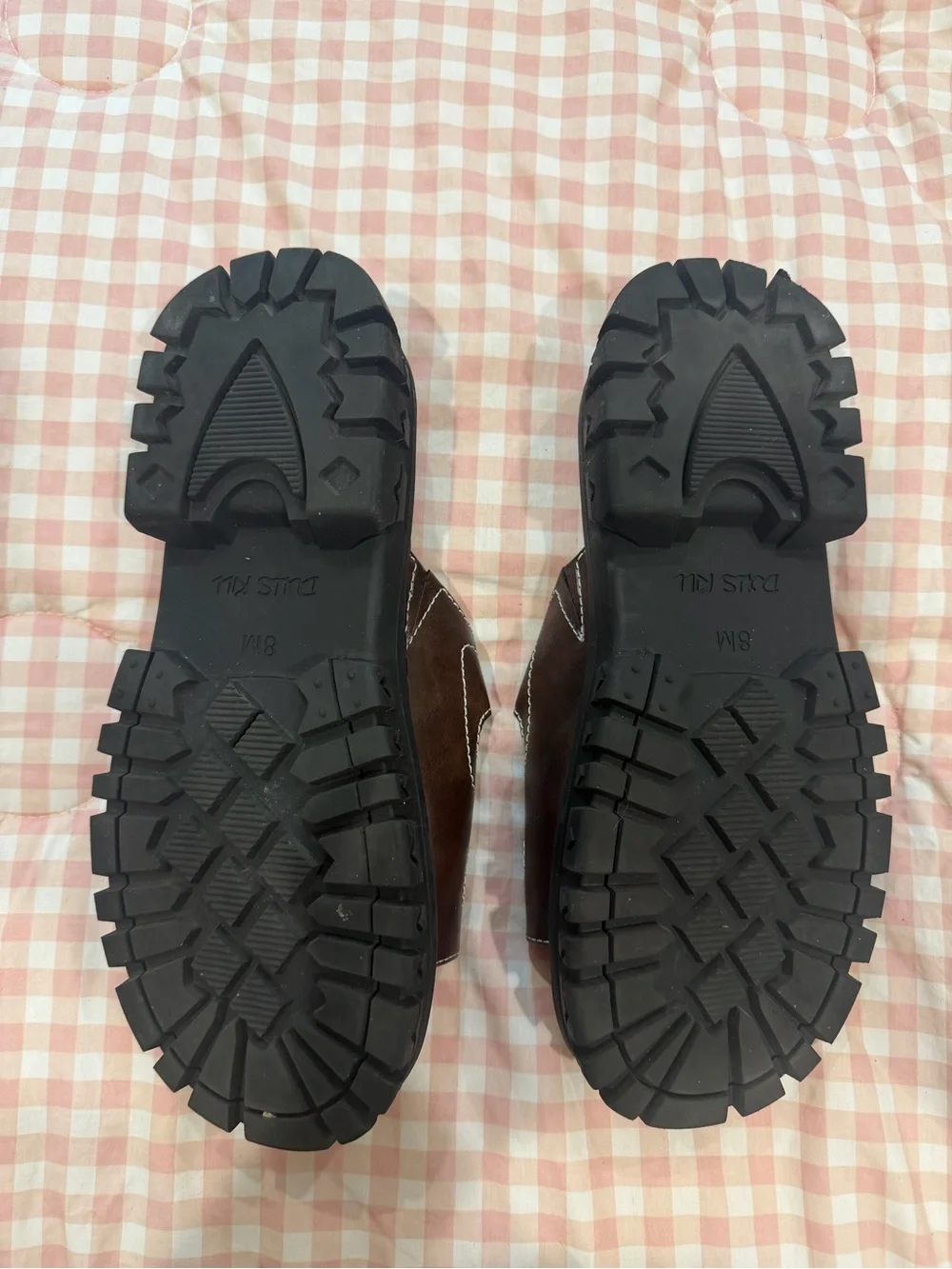 Brown Platform Slide Sandals with White Stitching